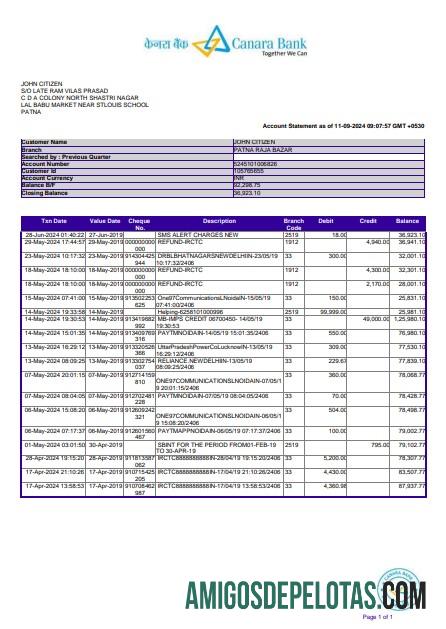 Extrato bancário da Índia Canara de 3 a 6 meses Word e PDF exemplo, versão 2 amostra